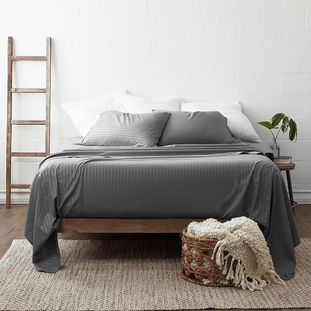 Grey Striped Polyester Bedsheet